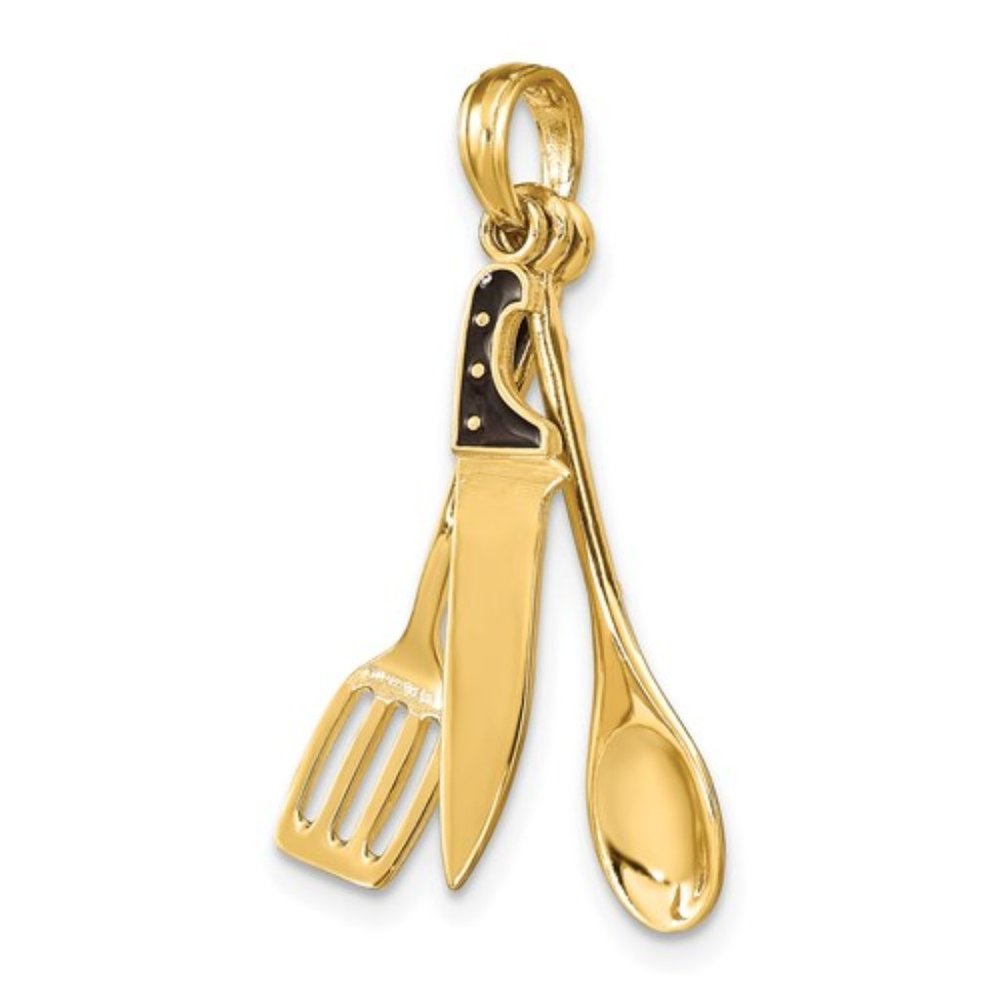 14k Yellow Gold 3-D Black Enamel Chef's Butcher Knife Spoon Spatula Charm pendan